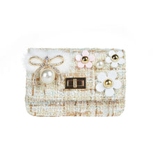 DOE A DEAR- FLOWER AND BOW TWEED PURSE IN WHITE