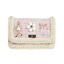 DOE A DEAR- PINK TWEED LADY, FLOWERS, AND PEARLS PURSE IN SMALL