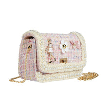 DOE A DEAR- PINK TWEED LADY, FLOWERS, AND PEARLS PURSE IN SMALL