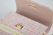 DOE A DEAR- PINK TWEED LADY, FLOWERS, AND PEARLS PURSE IN SMALL