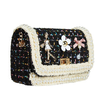 DOE A DEAR- BLACK TWEED LADY, FLOWERS, AND PEARLS PURSE IN LARGE