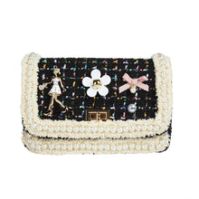 DOE A DEAR- BLACK TWEED LADY, FLOWERS, AND PEARLS PURSE IN LARGE