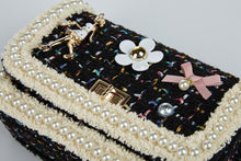 DOE A DEAR- BLACK TWEED LADY, FLOWERS, AND PEARLS PURSE IN LARGE